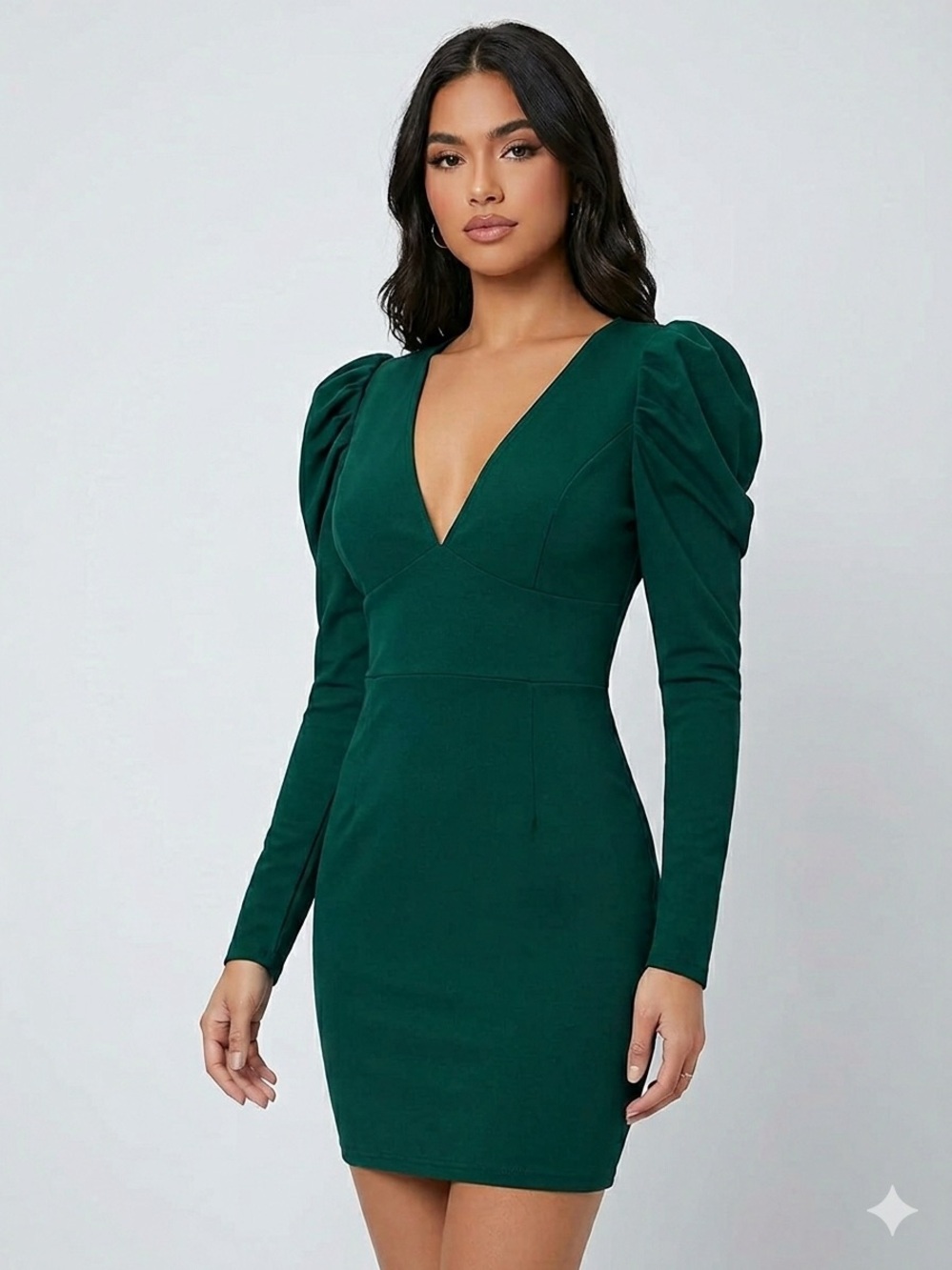Deep Green V-Neck Puff-Sleeve Mini Dress